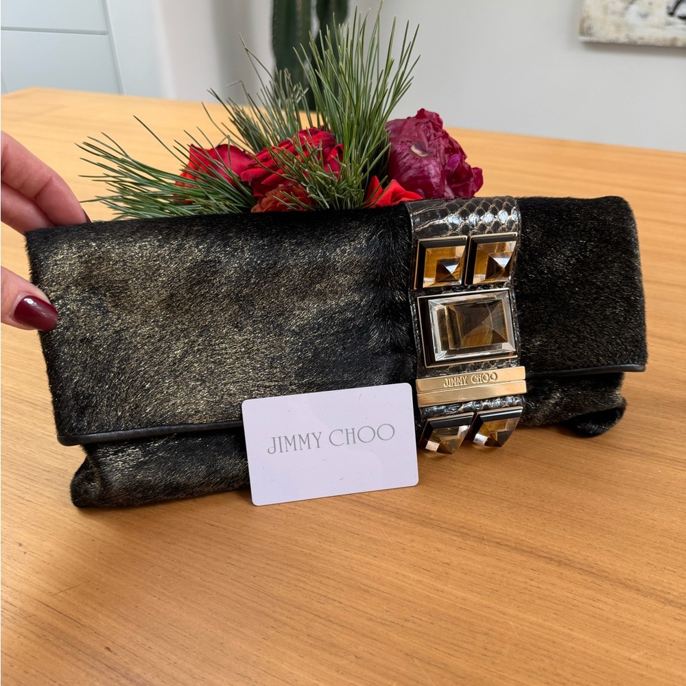 GORGEOUS Jimmy Choo pony hair jeweled fold over clutch evening bag!!